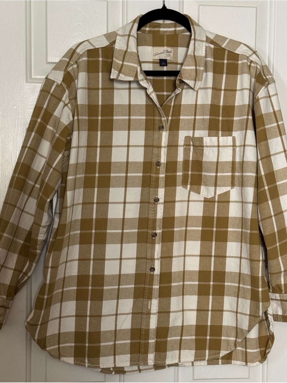 Universal Thread Tan and White Plaid Button-Down Shirt